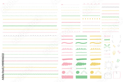 手書きの区切り線・強調用のマーカー・あしらいイラスト素材のセット 　ーカラフルで明るい色ー