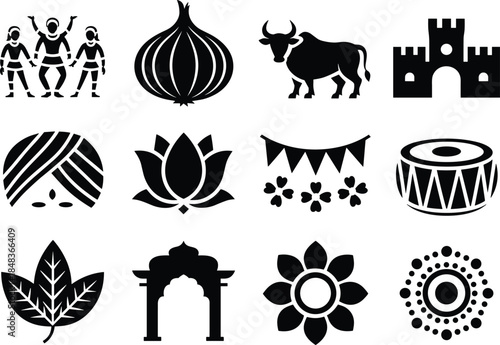 Indian cultural icon set, folk dancers, bull, lotus, drum and festive ornaments, traditional ethnic symbols, black silhouette vector illustration collection