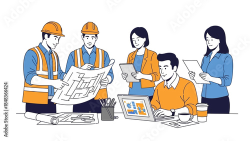 Team of construction professionals collaborating on project plans