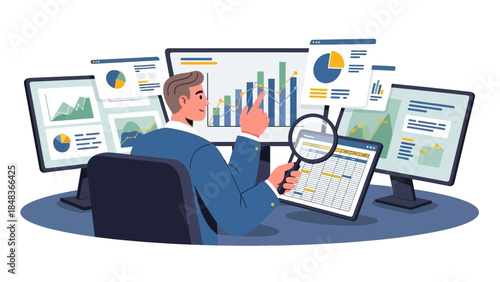 Businessman analyzing data on multiple screens in modern office