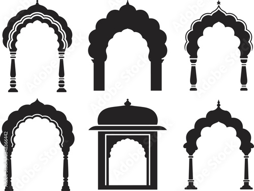 Islamic arch silhouette vector illustration set, traditional Mughal mosque doorway design, ornamental Arabian architecture elements, black decorative frames, isolated on white background