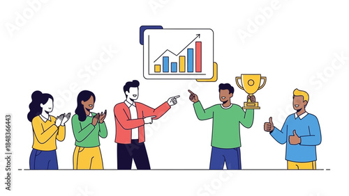 Diverse team celebrating business success with graph and trophy