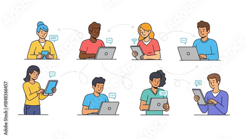 Diverse group of people communicating and working remotely with laptops and tablets