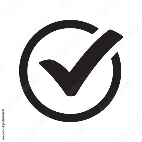 Black and white icon representing a checkmark inside a circle, signifying completion or approval, perfect for digital interfaces and documents