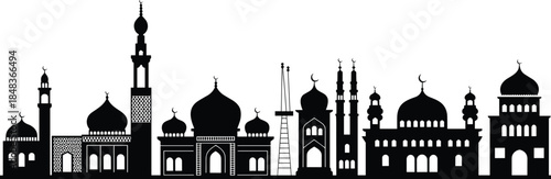 Islamic mosque skyline silhouette with domes and minarets, traditional Muslim architecture panorama, black cityscape vector illustration for religious and cultural design