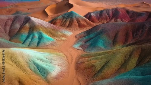 Abstract vivid colors landscape of desert mountains, dunes and sand. Colorful bright colors..