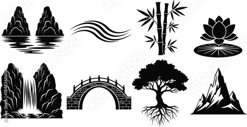 Nature landscape icon set vector illustration, mountains rivers bamboo lotus waterfalls bridges and trees, minimalist outdoor symbols collection isolated