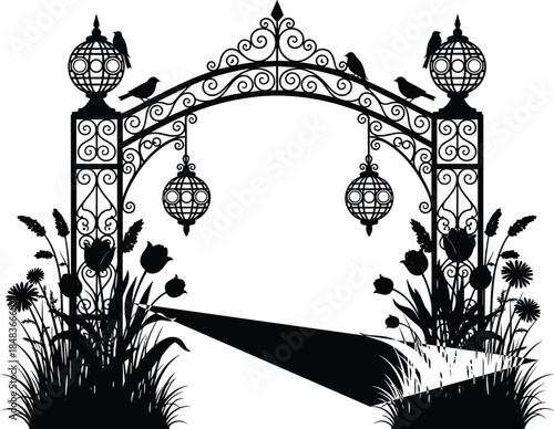 Ornate garden arch entrance vector illustration, decorative wrought iron gateway with hanging lanterns birds flowers, elegant vintage landscape silhouette design element isolatedV
