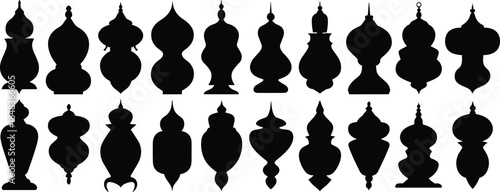 Ornamental finial silhouettes collection, vintage decorative architectural tops, classic mosque and palace elements, black silhouette vector illustration set