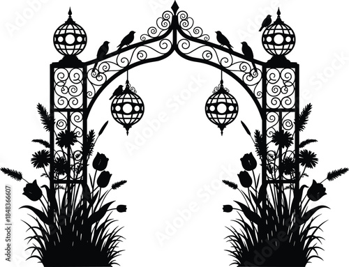 Ornate garden entrance arch vector illustration, decorative wrought iron gate with hanging lanterns birds and floral plants, elegant vintage silhouette design