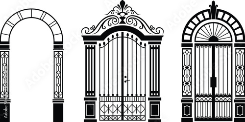 Ornate arched doorway and vintage iron gate collection, classic architectural entrance silhouettes, decorative antique portal frame vector illustration