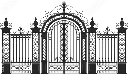 Ornate wrought iron gate with decorative arch and fence panels, luxury palace entrance design, classic architectural elements, black silhouette vector illustration
