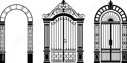 Ornate vintage arched gate and doorway set, classic architectural iron entrance silhouettes, decorative antique portal frame vector illustration