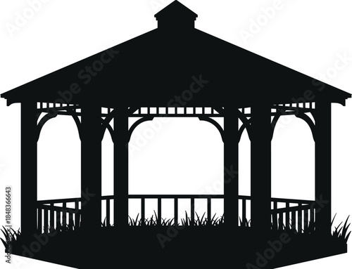 Outdoor garden gazebo silhouette vector illustration, classic wooden pavilion structure with roof and railing, park shelter architecture element isolated