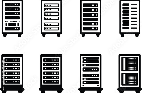 Server rack icon set vector illustration, data center hardware cabinets collection, network storage technology symbols isolated in black silhouette style