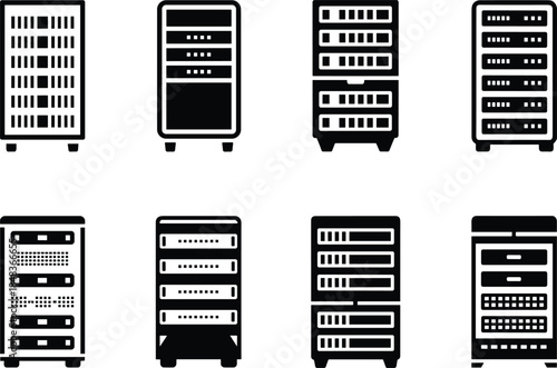 Server rack icons vector illustration set, data center hardware cabinets collection, network storage technology symbols isolated in black silhouette style
