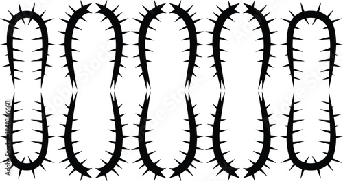 Spiky thorn oval frames set, sharp cactus inspired borders and edgy abstract shapes, grunge decorative elements, black silhouette vector illustration