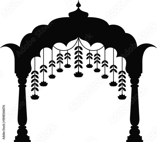 Traditional decorative wedding mandap arch silhouette with hanging floral garlands, Indian ceremonial entrance design, black vector illustration for cultural celebration decor