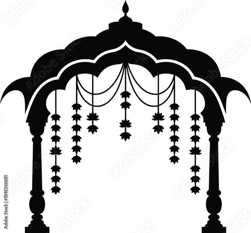 Traditional Indian wedding mandap silhouette, ornate floral canopy arch, Hindu marriage stage decor, ceremonial pavilion vector illustration, isolated black design