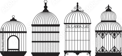 Vintage bird cage vector illustration collection, decorative wrought iron birdcages set, classic ornamental pet enclosures, elegant line art silhouettes, isolated on white background
