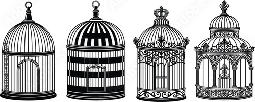 Vintage bird cage vector illustration set, decorative wrought iron cages collection, classic ornamental pet enclosures, black silhouette line art, isolated on white background