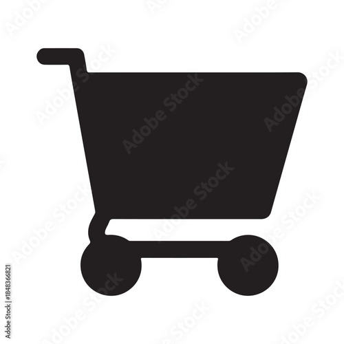 Shopping cart icon, a black silhouette of a wheeled cart used for carrying merchandise in stores, representing e-commerce and retail