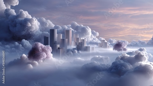Surreal floating city in the clouds ethereal pastel colors digital art dreamlike environment aerial view fantasy concept