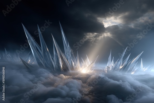 Ethereal floating crystalline spikes emerge from misty clouds abstract art surreal landscape fantasy environment digital viewpoint