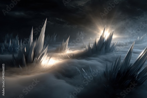 Mystical floating crystalline spikes emerge from misty landscape dreamy gigapixel scene ethereal light play