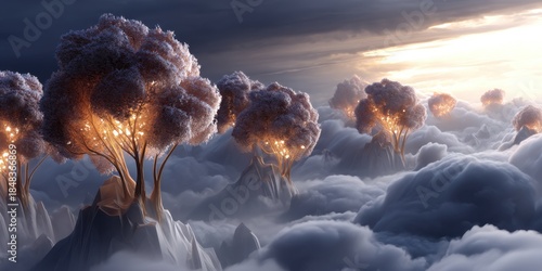 Surreal floating forest above clouds with glistening trees dreamy landscape gigapixel detail enchanted atmosphere