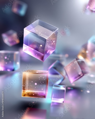 Floating geometric cubes with translucent surfaces abstract digital art futuristic environment high-resolution viewpoint