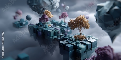 Floating voxel islands with pastel blocks in a dreamy environment surreal art concept 3d graphics ethereal landscape
