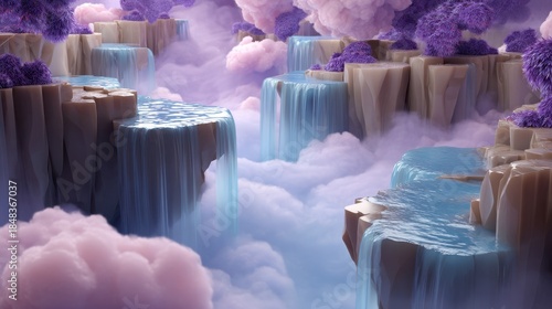 Floating waterfalls in an abstract inverted world surreal landscape digital art dreamlike environment aerial view imagination