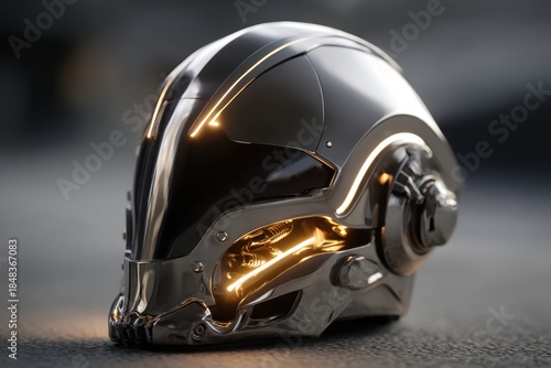 Futuristic cyberpunk helmet showcase urban setting digital art neon atmosphere close-up view sci-fi concept design