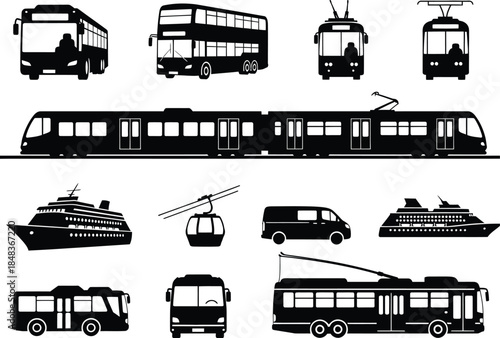 a collection of various transportation silhouettes including buses trams trains boats vans and a cable car all in black high quality