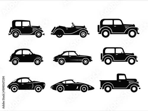 a collection of silhouetted classic automobiles and a vintage pickup truck are displayed in a neat organized arrangement showcasing automotive design