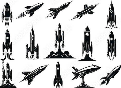 a collection of various black and white rocket ship illustrations in different designs and stages of flight showcasing space exploration