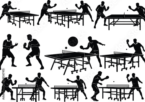 Silhouettes of table tennis players in action showcasing various stages of a match with a ball and tables high quality professional