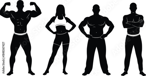 Silhouettes of diverse individuals displaying athletic physiques including muscular men and women pose confidently in a black and white arrangement