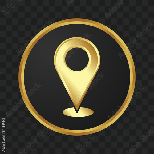 A golden location pin icon in a black circle with a gold border, symbolizing navigation or a specific place.