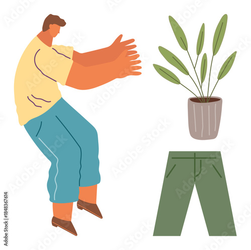 Individual extending hands dramatically with floating green pants and a potted plant nearby. Ideal for creativity, imagination, surreal concepts, abstract art, out-of-the-box ideas, unique concepts