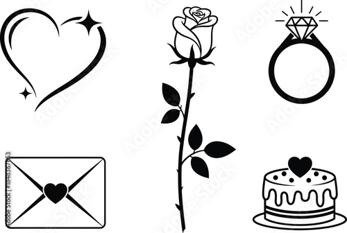 A delicate arrangement of romantic symbols including a rose heart ring envelope and miniature cake signifies love and commitment high quality