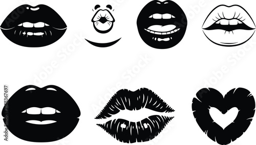 A collection of stylized black and white lip illustrations depicts various expressions and shapes including a heart form high quality professional