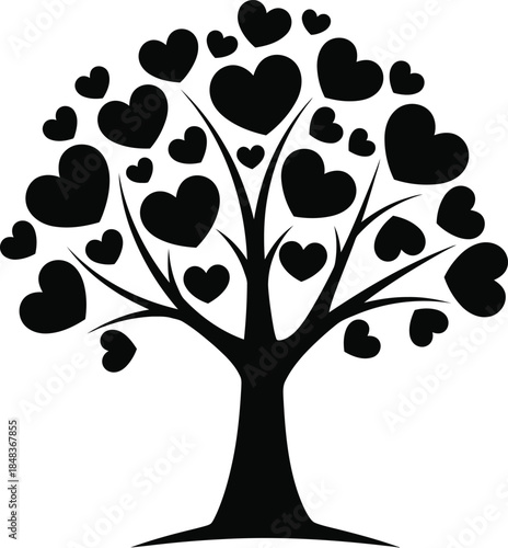 a simple black and white illustration depicts a tree whose leaves are entirely formed by numerous heart shapes symbolizing love and affection