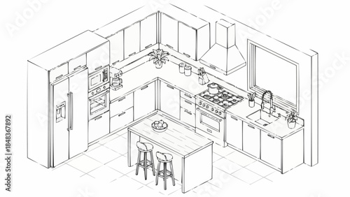 Modern Kitchen Design with Island and Appliances Sketch.