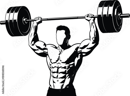 A powerful illustration depicts a faceless weightlifter successfully performing an overhead press with a heavily loaded barbell showcasing strength high quality