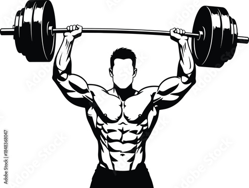 a black and white illustration depicts a muscular man lifting a barbell overhead showcasing strength and fitness training high quality professional