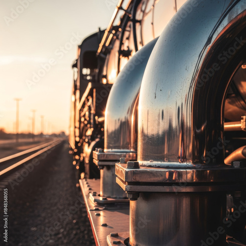 Gleaming Chrome Steam Train Side View at Sunset