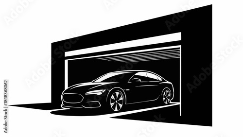 Sleek Black Sports Car Emerging from a Modern Garage.