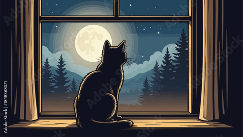 Silhouette of a black cat sitting on a windowsill looking out at the night sky.